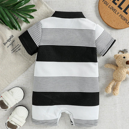 Baby Boys 2026 Cute Striped Summer Short Sleeve Turn-down Collar Bodysuit For 0-1Y Casual Daily Wear Romper