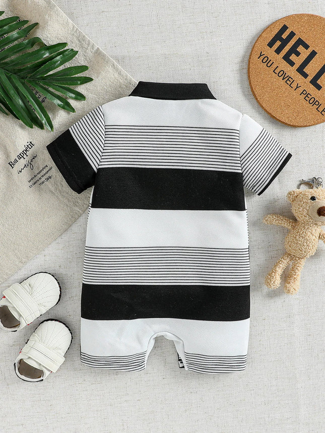 Baby Boys 2026 Cute Striped Summer Short Sleeve Turn-down Collar Bodysuit For 0-1Y Casual Daily Wear Romper