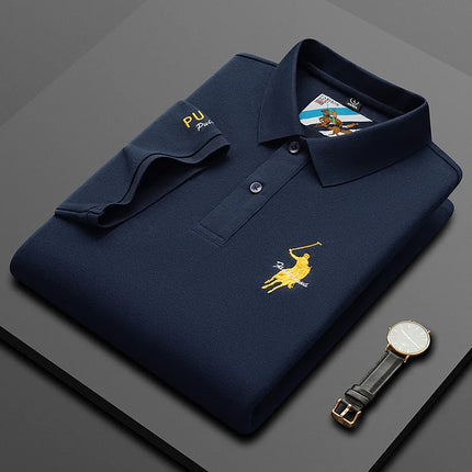 Luxury Embroidery Men's Polo Shirt Summer Thin Breathable 100% Cotton Black Navy Blue Lapel Short-Sleeved Tops Brand Clothing