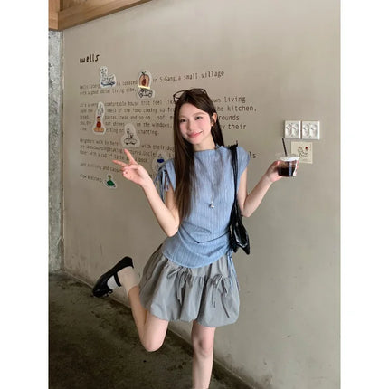 Blue Striped Drawstring Tie Women's Shirt Summer New Style French Stripe Design Modified Version Round Neck Sleeveless Dress