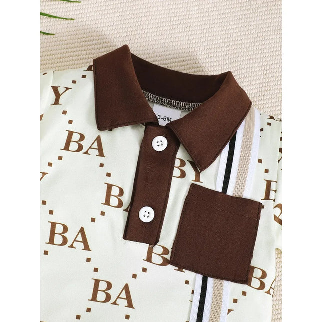 1-24 Months Newborn Baby Boy Fashion Romper Short Sleeved Turn Down Collar Letter Print Light Luxury Jumpsuit Toddlers Summer Clothes