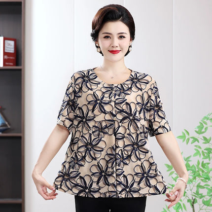 Floral Printed Summer Tops for Mature Women Beige-Toned Linen-Cotton Versatile Blouse Plus size Temperament Enlarged Loose Shirt