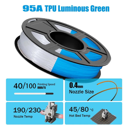 Flexible Filament Glow In The Dark TPU 1.75mm 1kg 500g 250g FDM 3D Printer Filament Luminous TPU Soft 95A Clear Blue Green