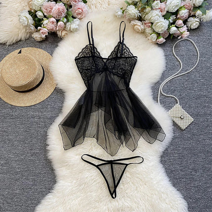 Lingeries Sexy Hot Set V-neck Bra Thong Nightgown With Panties Transparent Ultra-thin Summer Underwear Pajamas Woman Sleep Dress