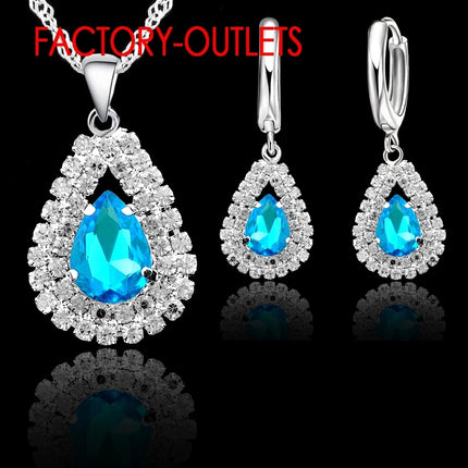 Hot Sale Genuine 925 Sterling Silver Bridal Jewelry Sets Shiny Crystal Water Drop Necklaces Hoop Earrings Women Party Engagement