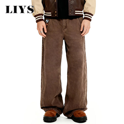 American Retro Men's Brown Casual Baggy Wide Leg Jeans Korean Cartoon Elephant Embroidery Loose Wide Leg Denim Pants Unisex