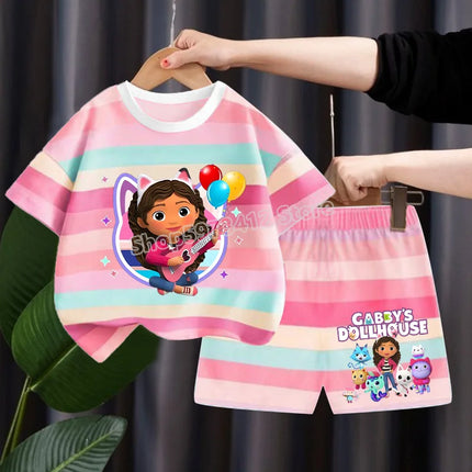 Gabby Dollhouse Children Summer Clothes Shorts Suit 2pcs Striped T-shirt Set Kid Tops Girl Tracksuits Outfits Boy Sport Tee Gift