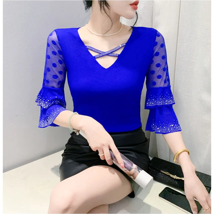 2025 Spring Summer Mesh Tops Korean Fashion Diamond T Shirt Slim 3/4 Sleeve Hollow Out Casual Women Shirt