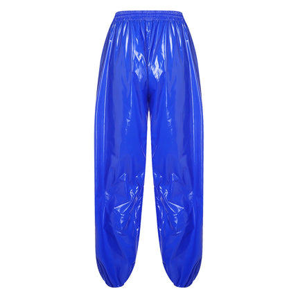 Mens Shiny Y2K Drawstring Jogging Pants Waterproof Elastic Waistband Side Pockets Track Baggy Glossy Pants Hip Hop Trousers