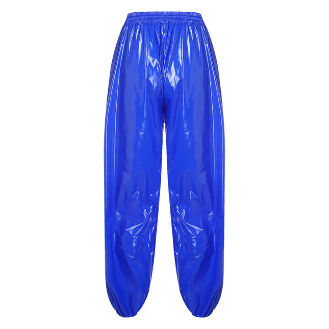 Mens Shiny Y2K Drawstring Jogging Pants Waterproof Elastic Waistband Side Pockets Track Baggy Glossy Pants Hip Hop Trousers
