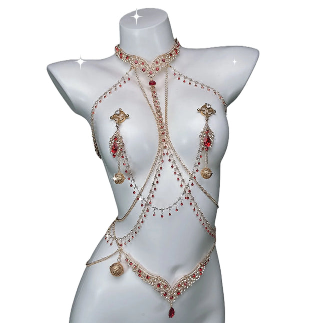 Ruby Red Sexy Body Chain Chest Chain Collar Waist Chain Nipple Clamps Nipple Stimulation Women's Wear Adult Toy SM Training Tool