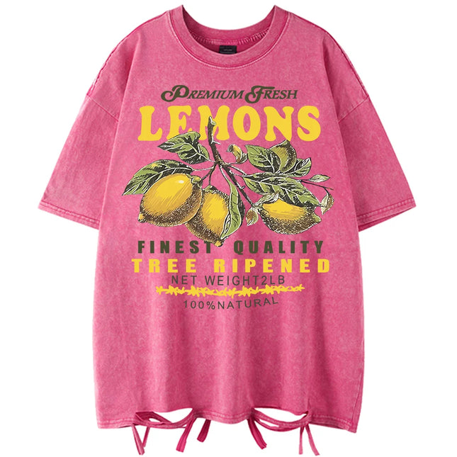 Premium Fresh Lemons Fruit Print Women Washed T-Shirts Y2K Comfortable Short Sleeve Loose All-Match T Shirt Cotton Hip Hop Top
