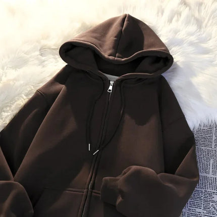 Women's Oversize Hoodie Jacket Thickened Cotton Polyester Zipper Cardigan Fleece Outerwear Lazy Style Solid Color Coat