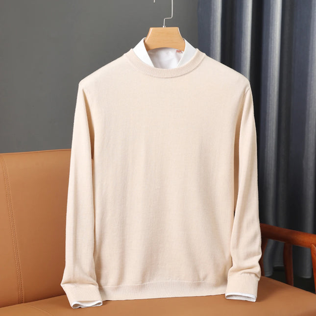 100% Wool Round Neck Solid Color Knitted Sweater Men's Pullover Long Sleeved Loose Sweater Business Casual Simple Cashmeres 2026