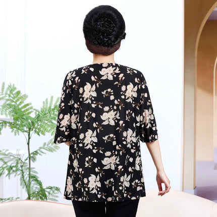 Round Necked Pleated Blouse Summer Loose T-shirt 2024 New Plus Size Shirt Flower Pattern Short Sleeved Women's Clothing