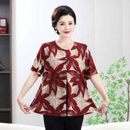 Floral Printed Summer Tops for Mature Women Beige-Toned Linen-Cotton Versatile Blouse Plus size Temperament Enlarged Loose Shirt