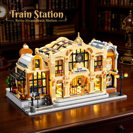 Miniature Train Station Building Blocks MOC DIY LED Light Model Desktop Home Decor Architectural Gift for Adults Kids