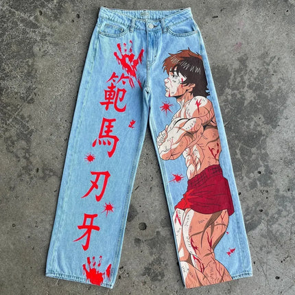 Harajuku anime characters printing jean new wide leg denim pants y2k mens jeans streetwear style couples trouser black jeans