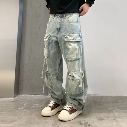 2025 New Fashion Men's Washed Light Blue Multi Pocket Casual Trendy Loose Wide Leg Straight Cargo Denim Trousers Male Jeans Pant