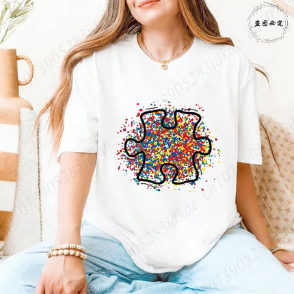 2026 Trendy Women's Autism Awareness T-shirts Creative Colorful Splatter Puzzle Graphic Female Clothing Short Sleeve Casual Tees