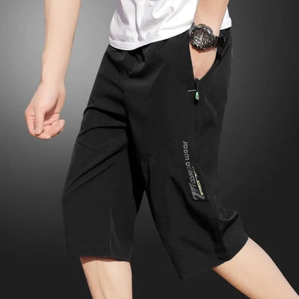 2025 New Men's Seven point Ice Silk Zipper Pocket Casual Pants Breathable Elastic Fabric Slimming Version Summer Outdoor Vacatio