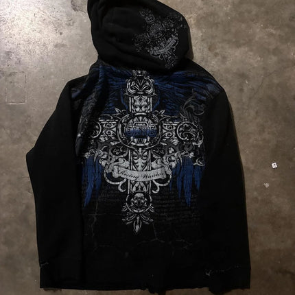 90s Tapout Gothic Zip Up Hoodies Skull Cross Wings Graphic Print Dark Streetwear Black Hooded Sweatshirts Unisex Autumn Tops