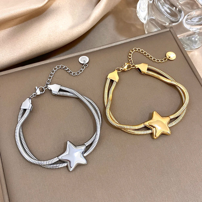 Vintage Doubelayer Stainless Steel Elastic Bracelet Glossy Star Gold Silver Color Chunky Chain Bracelets Waterproof Jewelry