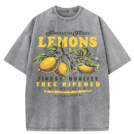 Premium Fresh Lemons Fruit Print Women Washed T-Shirts Y2K Comfortable Short Sleeve Loose All-Match T-Shirt Cotton Hip Hop Top