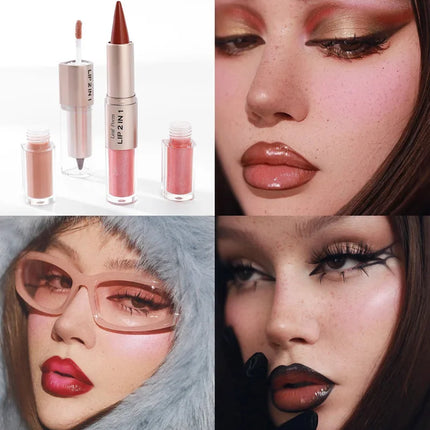 2 in1 Tapered Gradient Lipliner Pen Nude Brown Mirror Glass Lip Gloss Matte Lip Liner Waterproof Lip Contour Non Stick Makeup