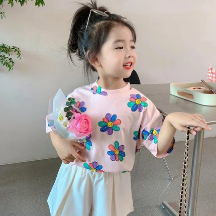 1pcs Summer Kids Flower Print Tops Clothes Girls Korean Style Shirt Children Short Sleeve T-shirts Child Casual Comfort T Shirs