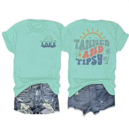 Summer Beach Series T-shirts For Women Men "Tanned And Tipsy" Vacation Trip Tshirt Crewneck Short Sleeve Casual Camisetas Mujer
