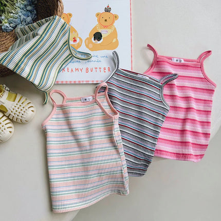 2024 Summer Girls 2-8 Years Casual Stripe Suspender Kids Cotton Sleeveless Shirts