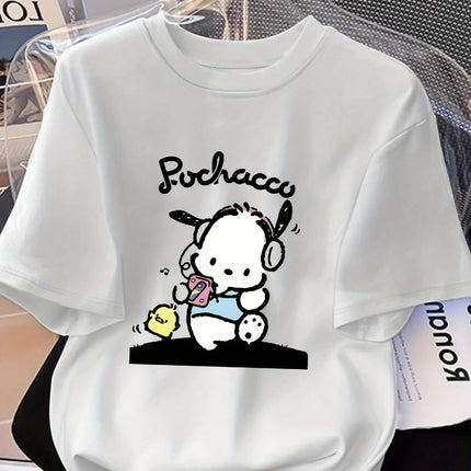 Miniso Sanrio Pochacco Anime T-shirt Cute Kawaii Character Pattern Printed Women Men Cotton Comfortable Casual Loose Top