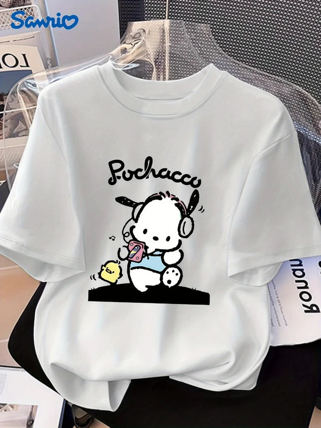 Miniso Sanrio Pochacco Anime T-shirt Cute Kawaii Character Pattern Printed Women Men Cotton Comfortable Casual Loose Top