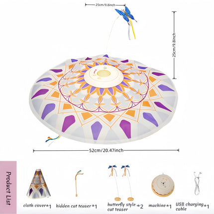 USB Rechargeable 3-in-1 Interactive Cat Teaser Toy 360° Rotating Feathers & Mandala Pattern, 1200 battery capacity Plastic Design
