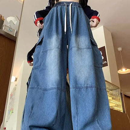 Cargo Jean Loose Wide Leg Workwear Jeans Elastic Waist Men and Women Spring Autumn Faion Brand Waed Out Trousers Straight Cut
