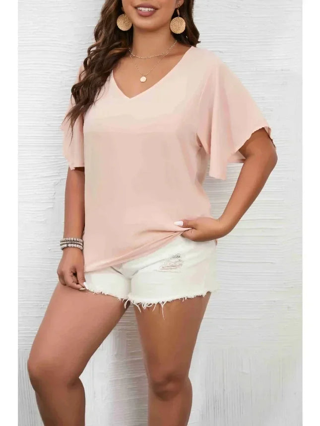 Women's Plus Size 1XL-5XL Solid Color Short Sleeve Blouse V Neck Bell Sleeve Blouse Casual Pullover Shirt Top