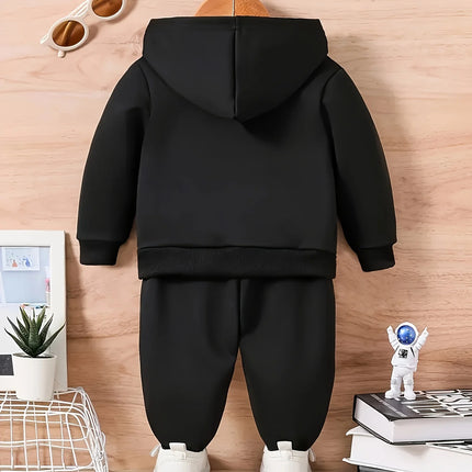 A two-piece cartoon printed fleece hoodie and long pants set for a newborn baby boy in autumn and winter