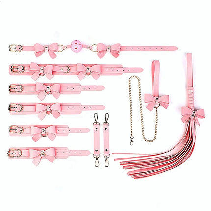 Elegant SM Bowknot Bondage Set Delivers Collar Leash Gag Handcuffs Ankle Cuffs And Whip For Sensual Roleplay Costume Exploration