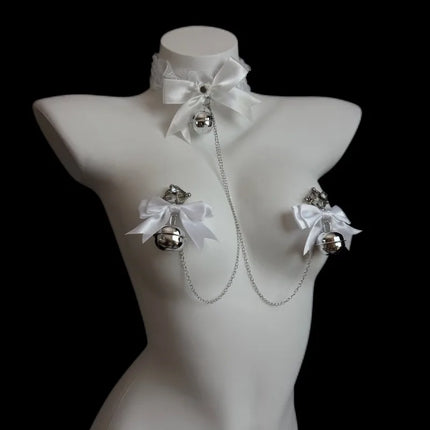 Bow-Tie Bell Nipple Clamps Available in Black and White BDSM Bondage Breast Restraint Sexy Accessories Fetish Adult Sex Toys