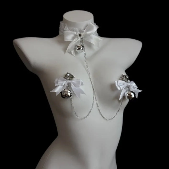 Bow-Tie Bell Nipple Clamps Available in Black and White BDSM Bondage Breast Restraint Sexy Accessories Fetish Adult Sex Toys