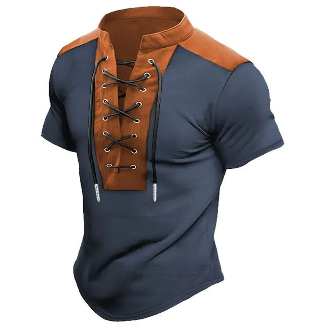 Vintage T-Shirt Drawstring Stand Collar Polo Shirts Summer Men Casual Short Sleeve Tops For Mens Retro Patchwork Polo T-Shirts