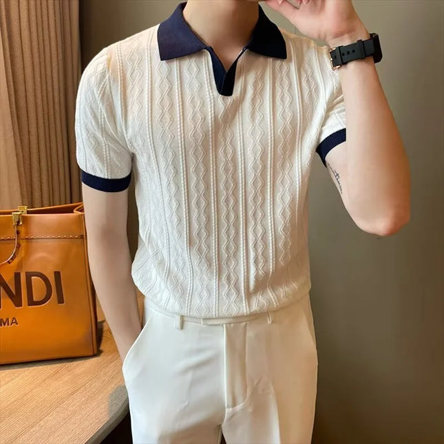 Korean Fashion Jacquard Short Sleeve Polos Tshirt For Men Business Casual Patchwork Knitted Polo T-shirts Y2K Vintage Tee Tops