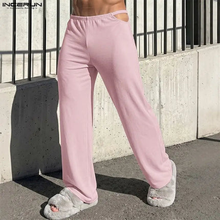INCERUN Men Pants Solid Color Elastic Waist Joggers Hollow Out Trousers For Man Streetwear Fashion Casual Cozy Pants Pantalones