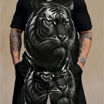 2024 New Crew Neck Short Sleeve T-shirt Fashion Shorts Set 3D Lion Print Short Sleeve Shorts 2-piece Men's Summer Sports Set