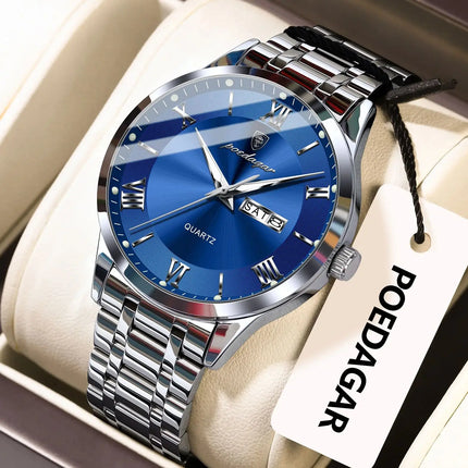 POEDAGAR Luxury Man Clock Waterproof Luminous Week Date Fashion Men's Wristwatch Stainless Steel Business Quartz Watches For Men
