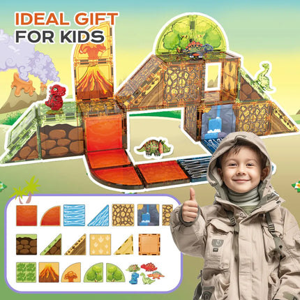 Magnetic Tiles Dinosaur Volcano Forest Theme Building Blocks, Educational STEM Toy for Kids, Ideal Birthday Christmas Gift