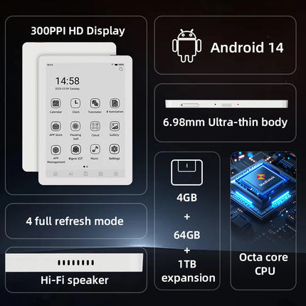 Bigme B6 ebook reader, 6'' B&W e-ink screen electronic book, 300PPI HD Display ereader, Android 14 OS, 4+64GB paper-like E-book
