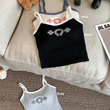 Korean Sweet Spicy Sleeveless Print Vest Women Summer Short Fit Inner Wear Strap Design Commute Top Casual Daily Girl