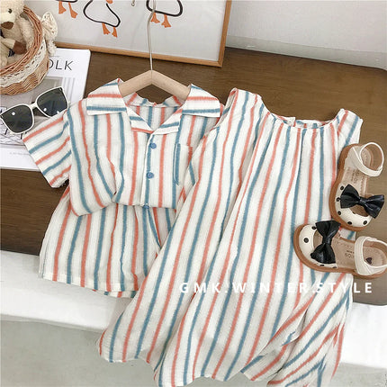 Summer Toddler Siblings Attire Turn Down Collar Top Striped Shorts Infant Boy Suit Loose Sleeveless Retro Dress Baby Girl Outfit